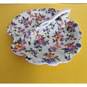 Victoria Floral Chintz Czechoslovakia sectional serving dish w/ Handle 7 x 6.5"